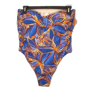 Floral Print Strapless One Piece Swimsuit Blue Orange - Size Unknown